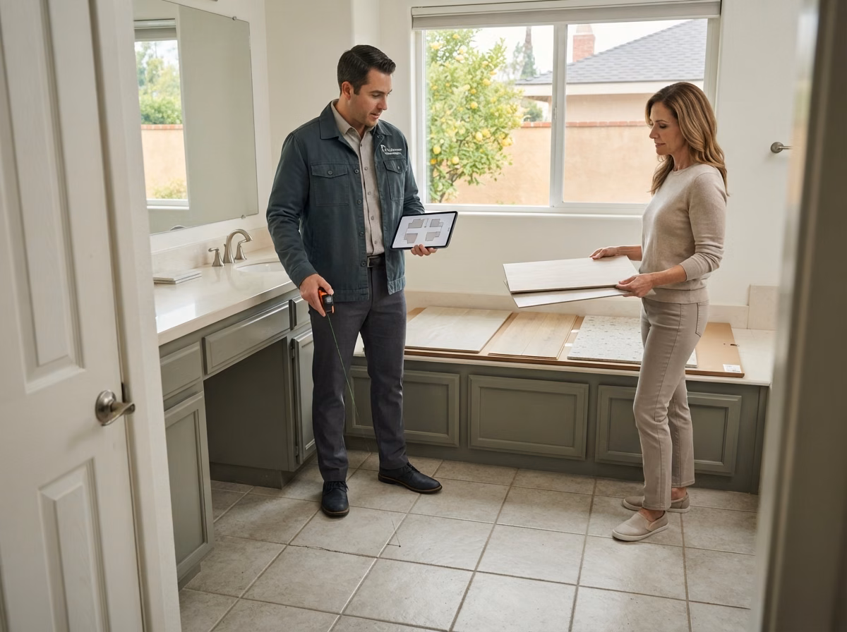 Bathroom Flooring Process Left in Orange County.